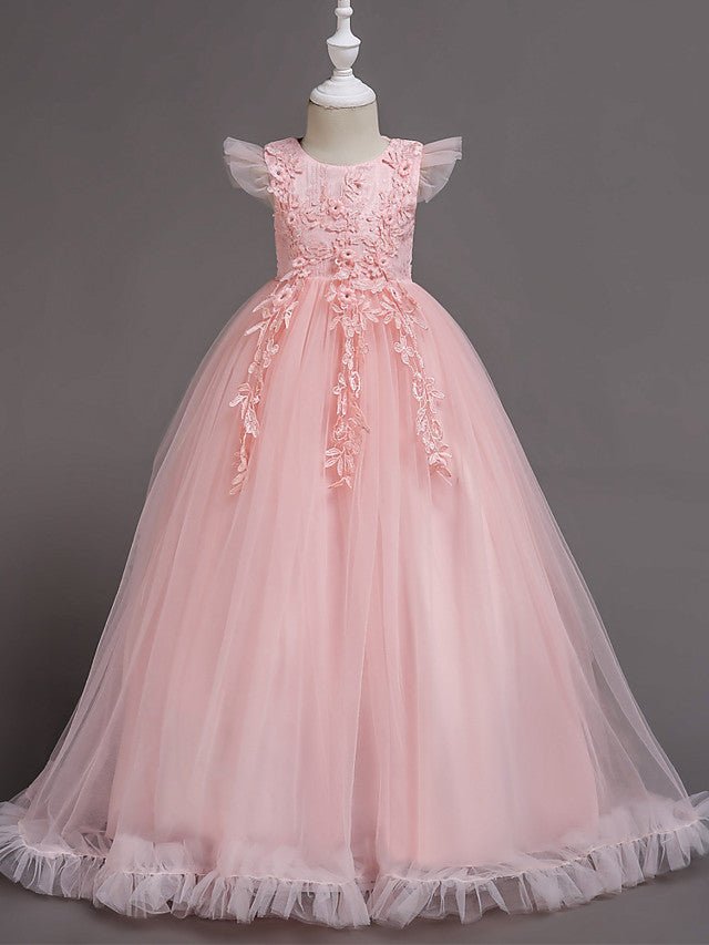 Oknass A-Line Short Sleeve Jewel Neck Flower Girl Dresses Tulle Polyester With Bow Butterfly