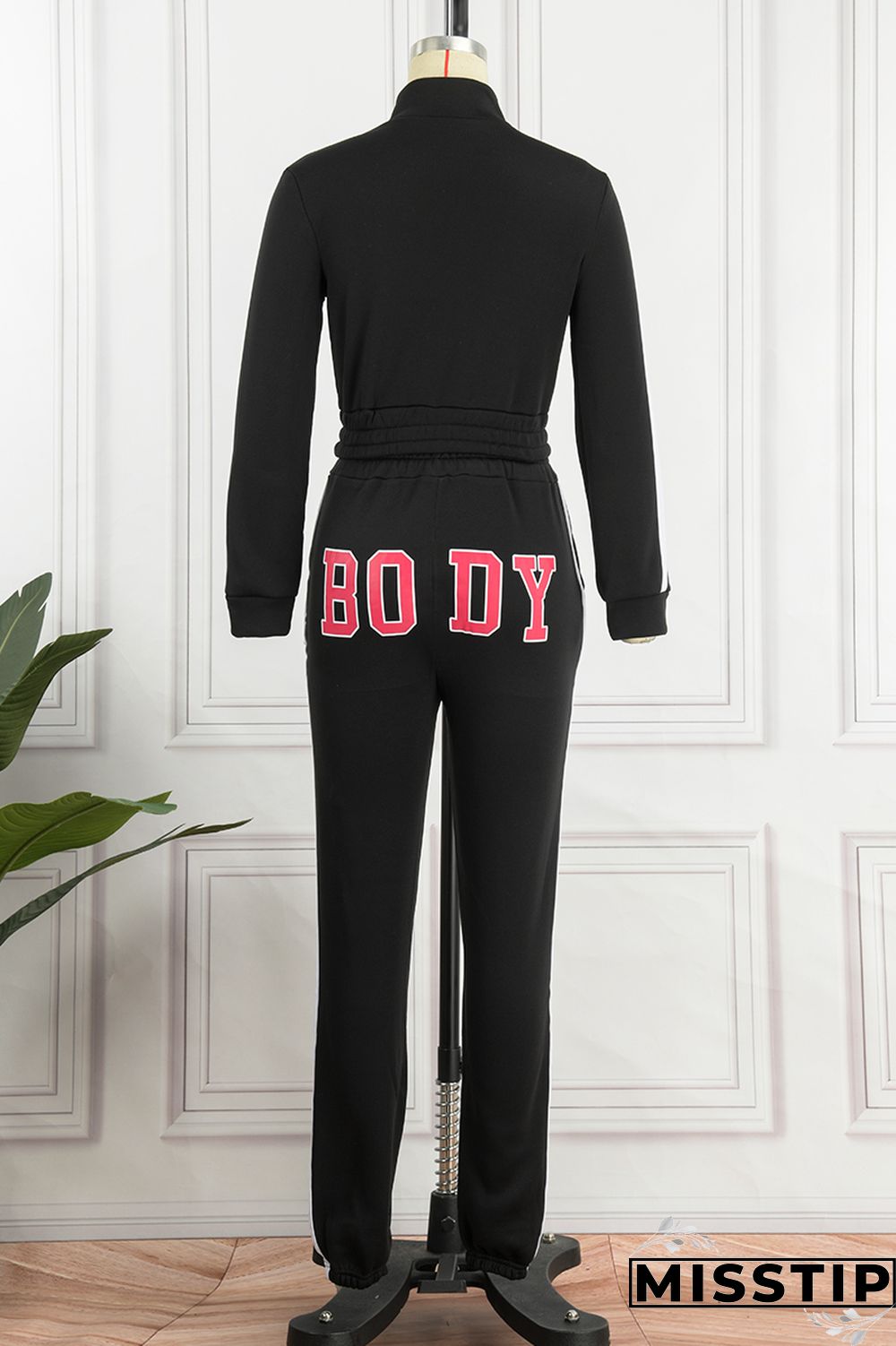 Blue Casual Letter Print Patchwork Zipper Collar Long Sleeve Two Pieces