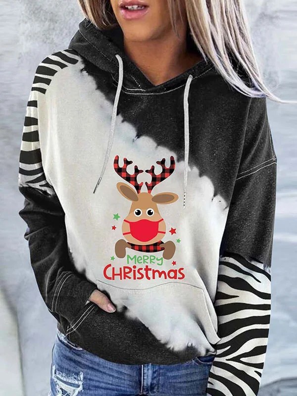 Color blocking Christmas moose print women's hoodie