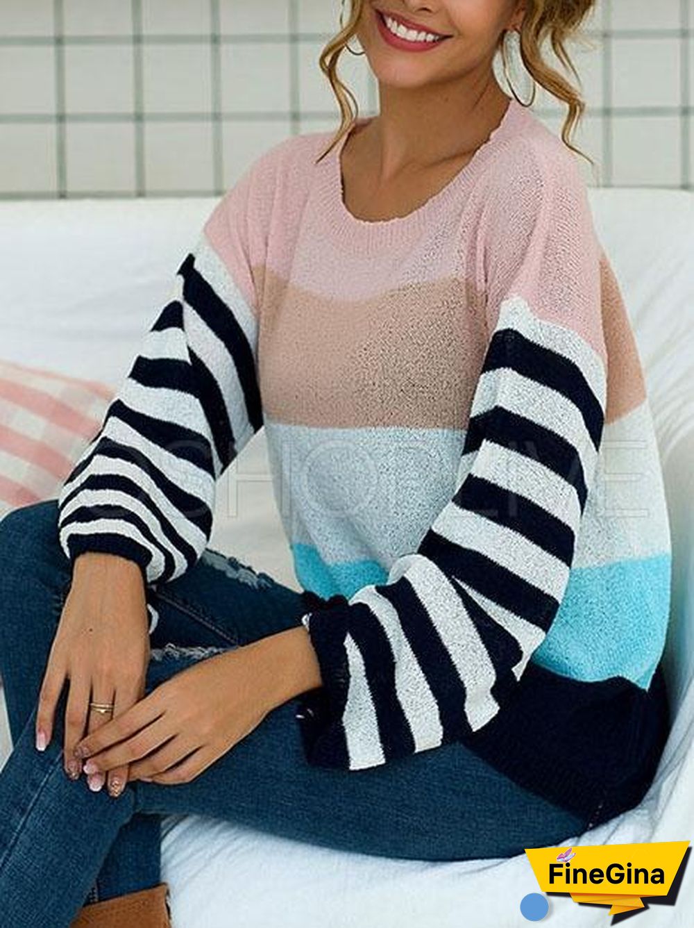 Striped Color-block Split-joint Knitting Sweater