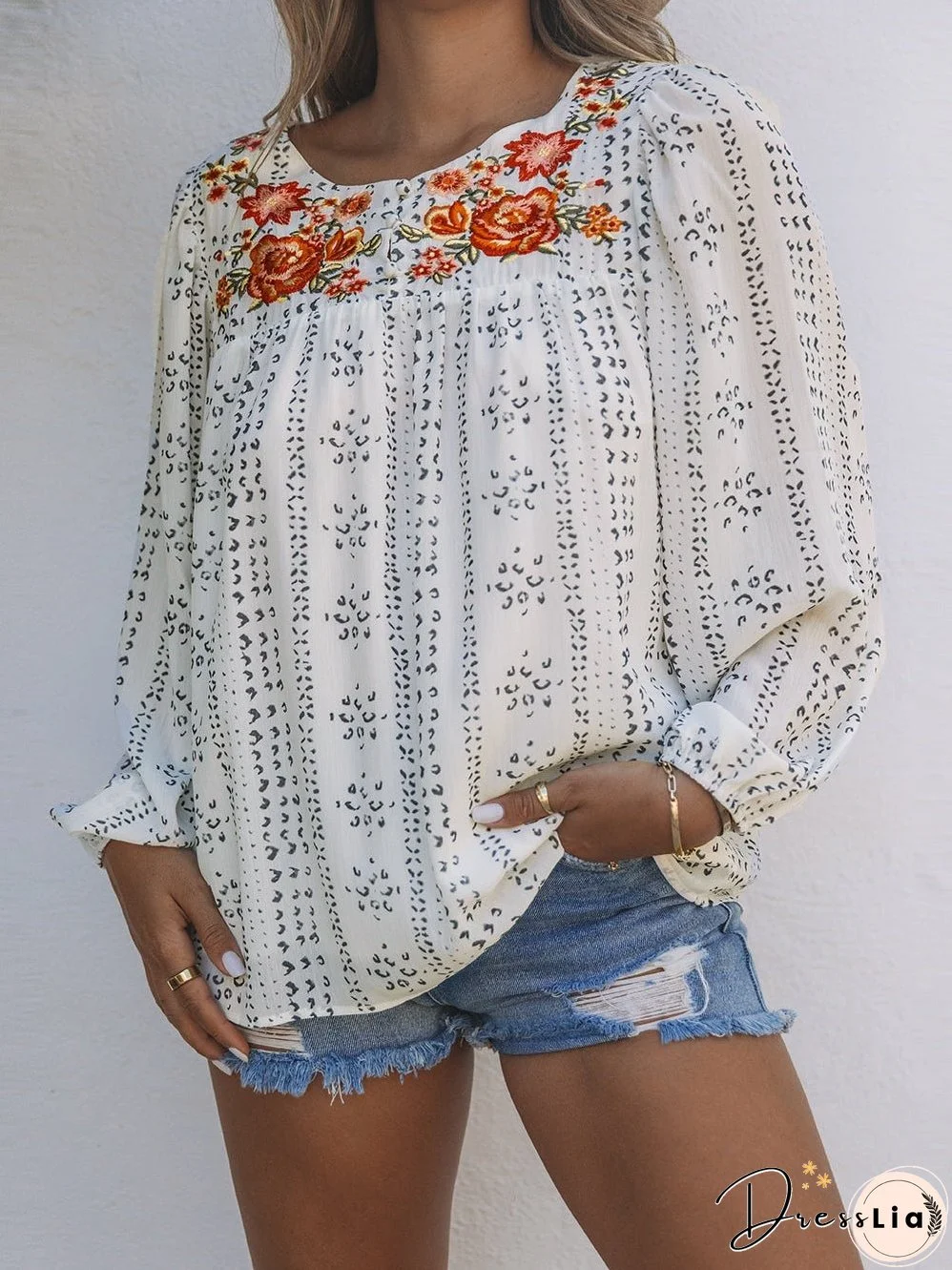 Beige Floral Embroidered Long Sleeve Bohemian Blouse