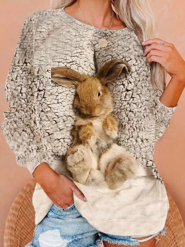 Fashion Bunny Print Long-Sleeved Sweatshirt