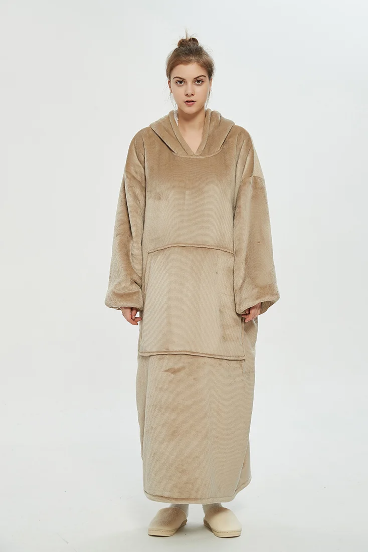 Long Winter Plush Fleece Wearable Blanket Hoodie Khaki  Stunahome.com