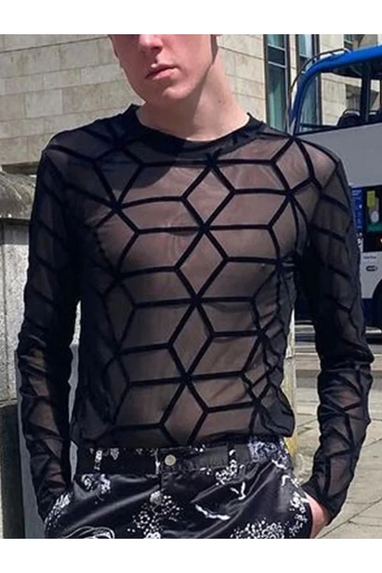 Men's See-Through Black Slightly Versatile Elastic Printed Long-Sleeved T-Shirt