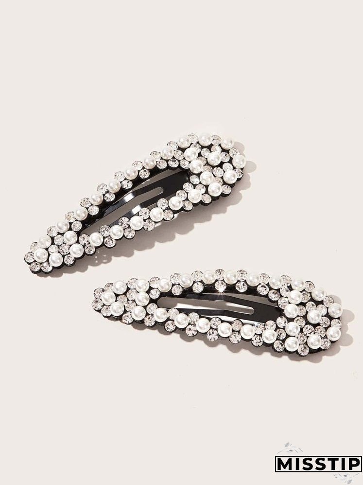 2pcs Rhinestone Decor Faux Pearl Hair Clip