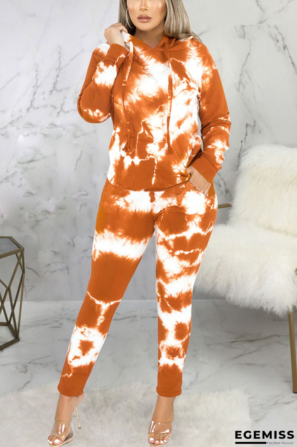 Orange Sexy Print Patchwork Hooded Collar Long Sleeve Two Pieces | EGEMISS