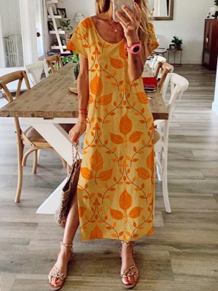 Cotton-Blend Crew Neck Casual Printed Dresses Zaesvini