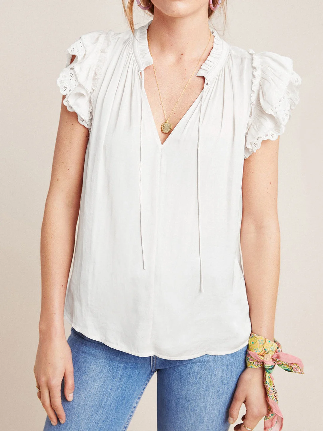 Women's Summer Ruffle Short Sleeve V Neck Solid Color Casual Top