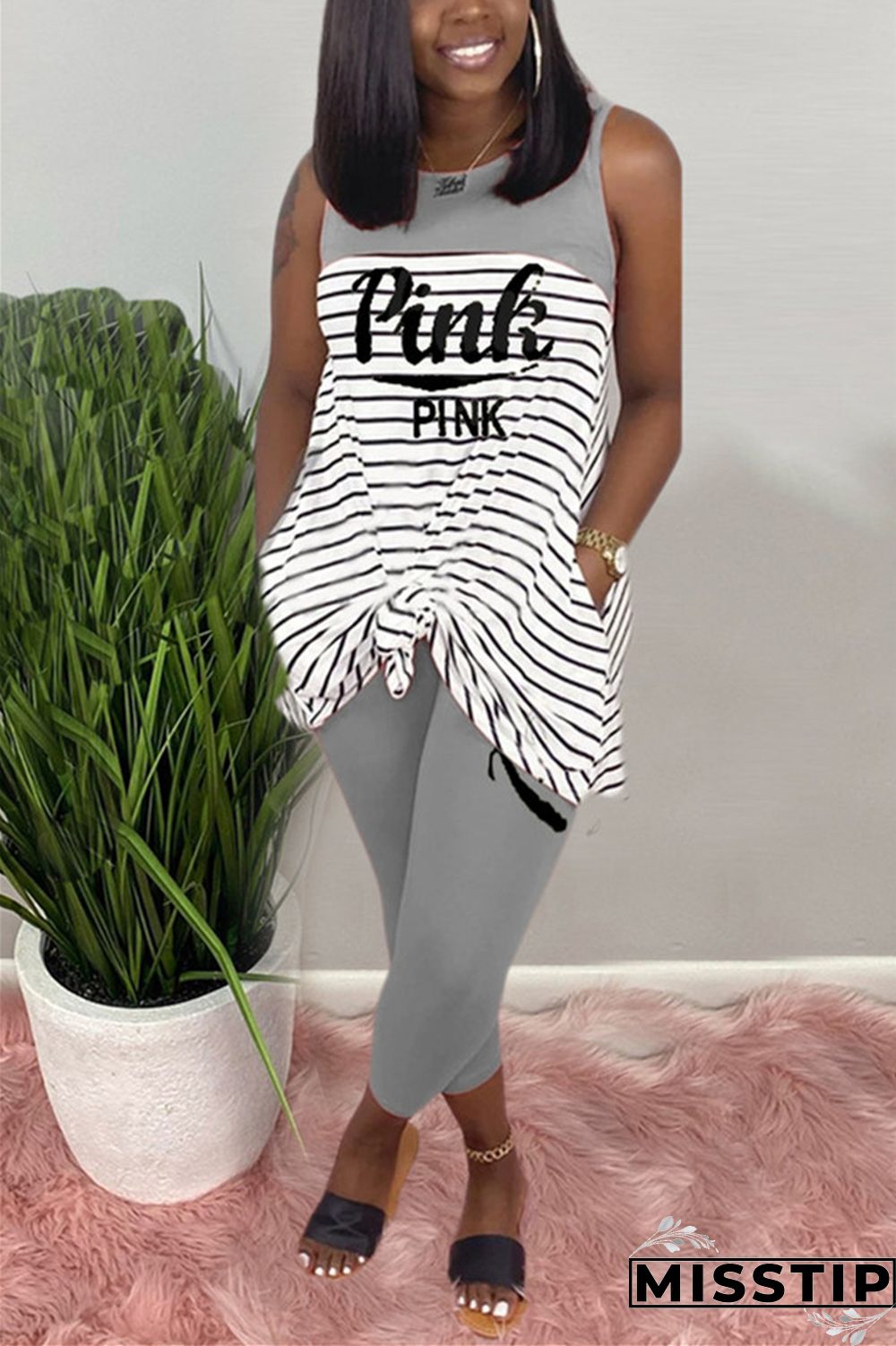 Pink Fashion Casual Striped Letters Printing Sleeveless Set