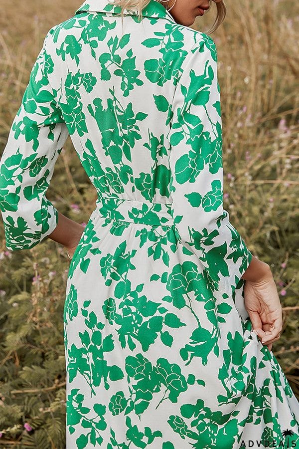 Fashion Women's Green Print Lace-up Dress