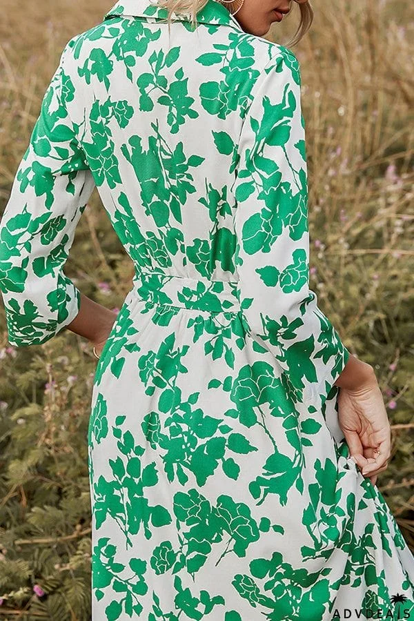 Fashion Women's Green Print Lace-up Dress