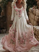 Women's Vintage Roses Lace Art Flowy Linen Maxi Dress