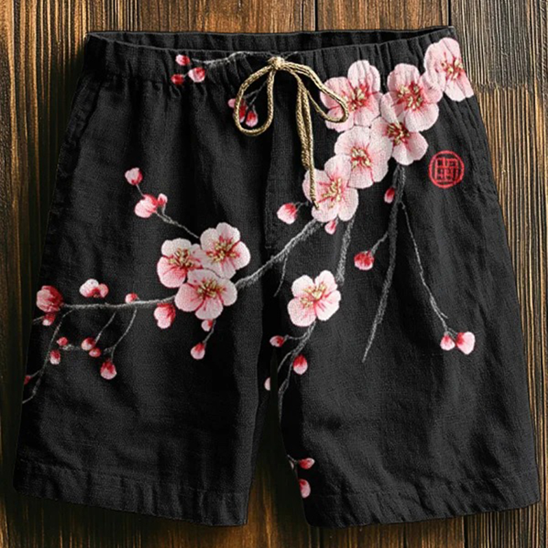 Men's Retro Japanese Cherry Blossom Art Print Casual Shorts  artssus
