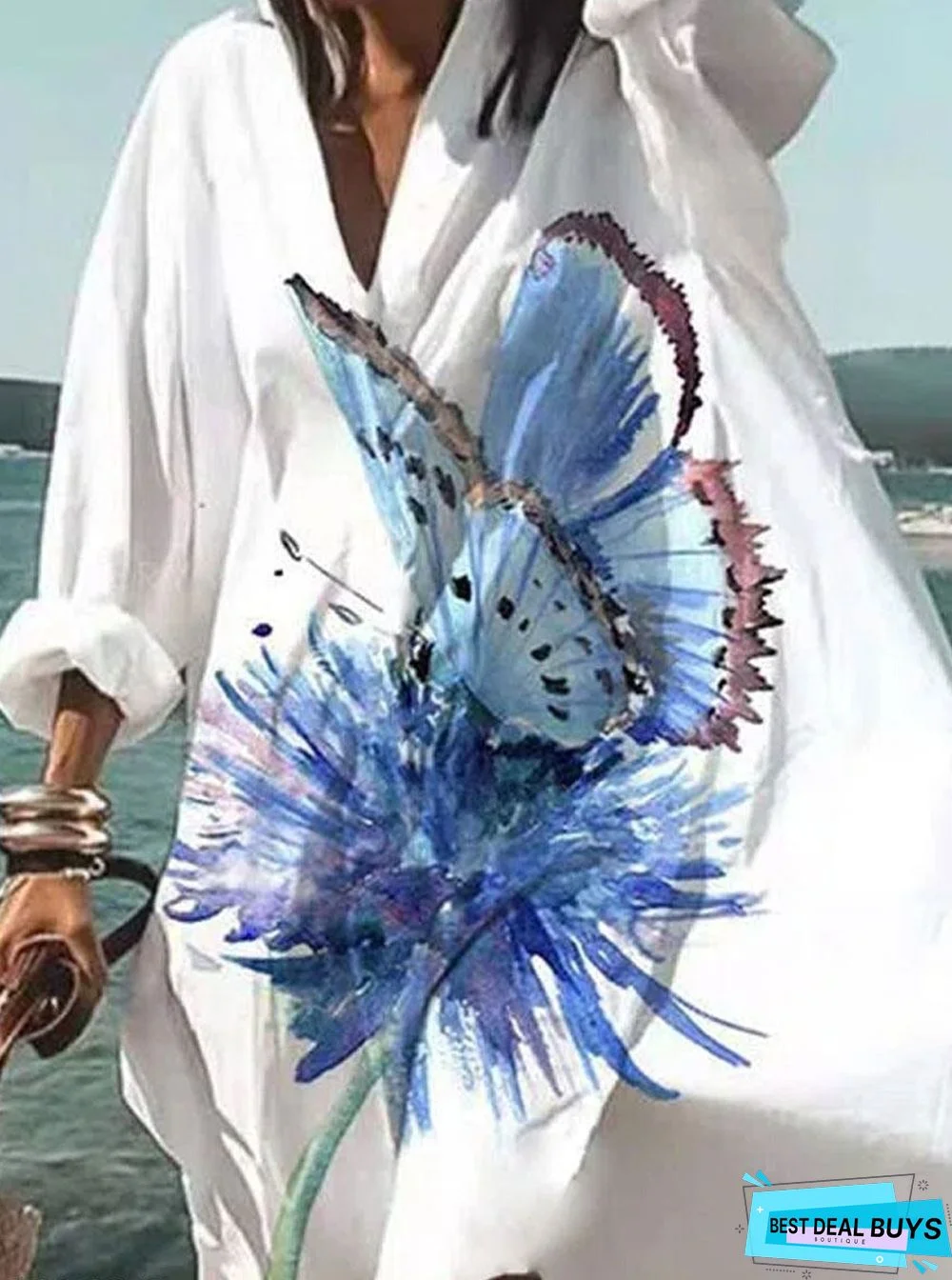 V-Neck Floral Print Loose Long Sleeve Shift Dress White Dresses