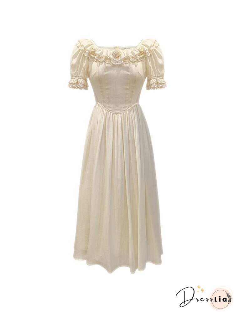 Joskka Rose Flower Elegant Vintage Dress Women Ruffles Lace Fairy Sweet Long Dress Female Bubble Sleeve Princess Designer Dress
