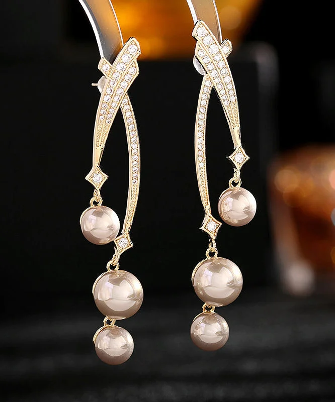 Beautiful Gold Sterling Silver Overgild Pearl Zircon Drop Earrings