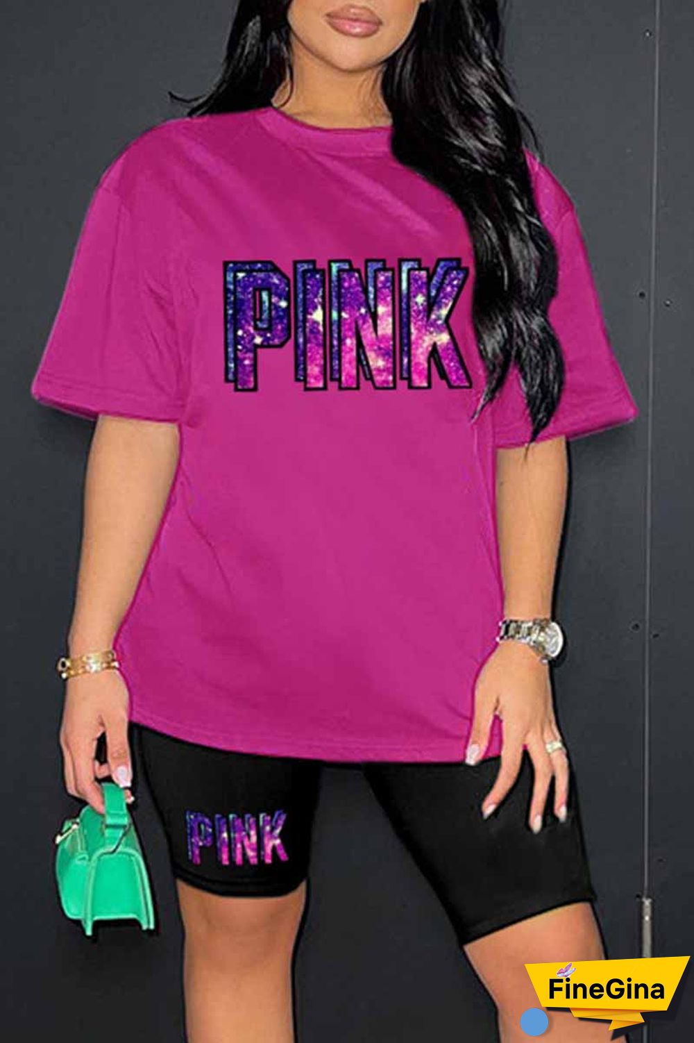 Blue Casual Print Letter O Neck Short Sleeve Two Pieces