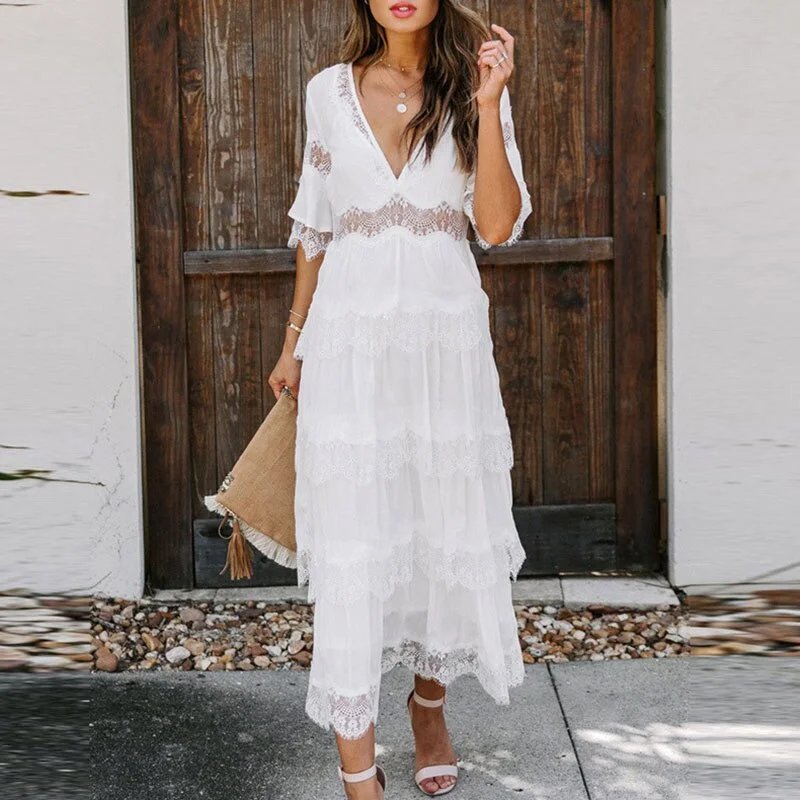 Ordifree 2022 Summer Women Maxi Cake Dress Short Sleeve Vintage Sexy White Lace Vocation Tunic Long Beach Dress