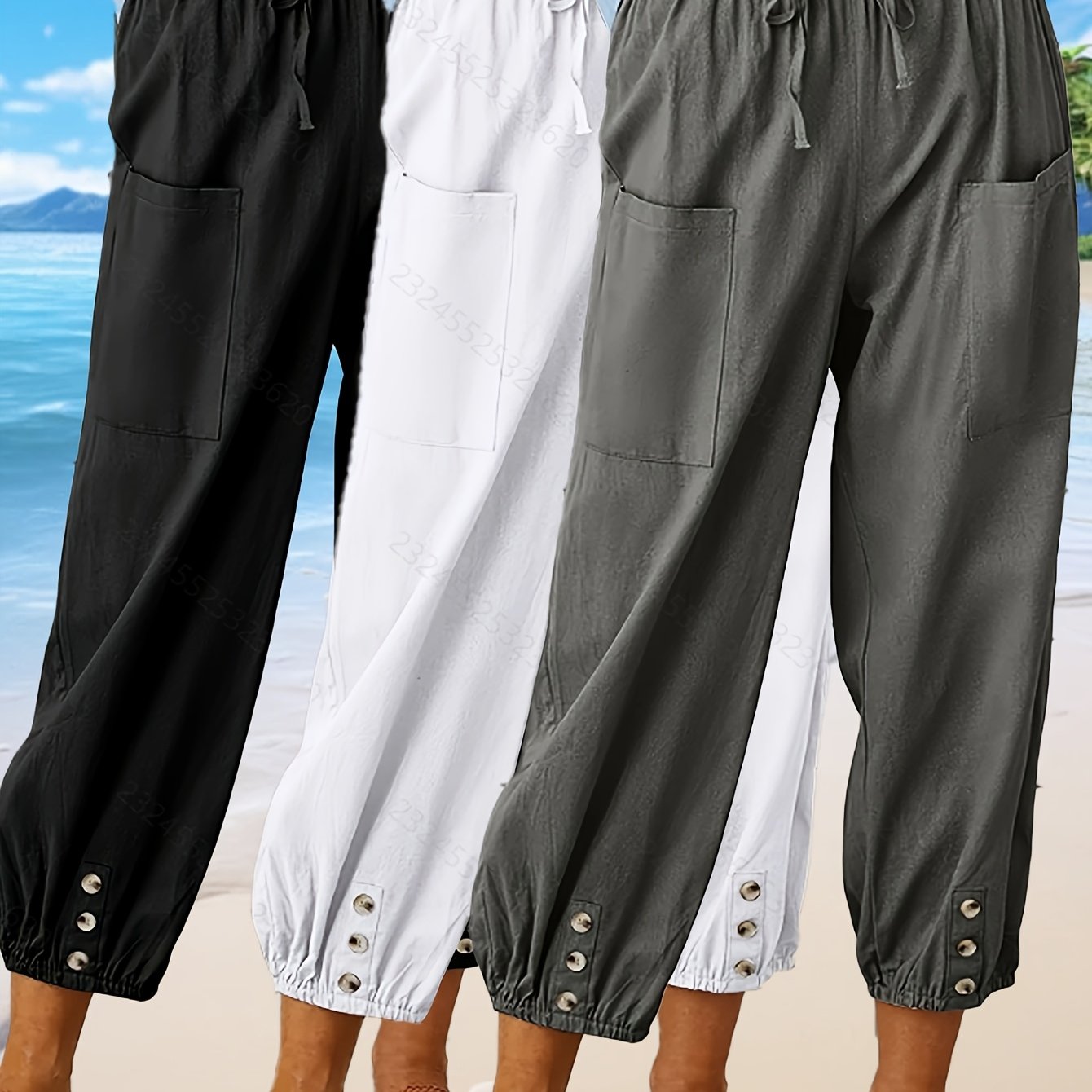 High Waist Wide Leg Cropped Casual with Elastic Waist & Pockets 3-Pack Unisex Linen Pants 