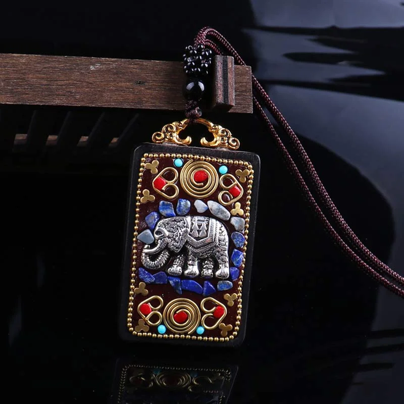 Ebony Wood Elephant Lotus Balance String Necklace Pendant