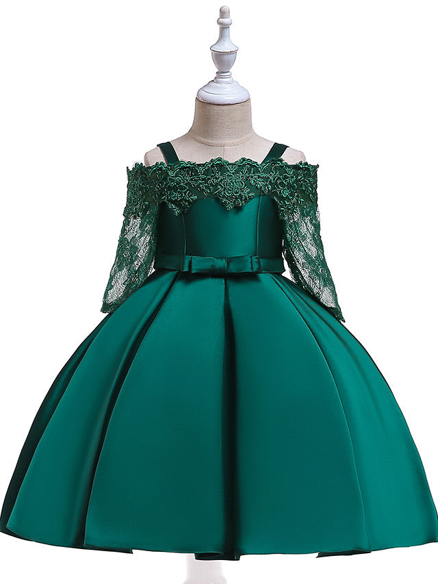 Oknass 3/4 Length Sleeve Off Shoulder A-Line Flower Girl Dress Cotton Blend With Lace Sash Ribbon Trim