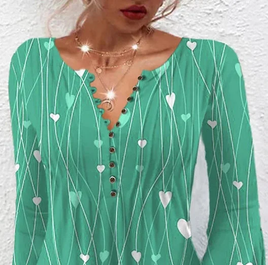 Women Long Sleeve V-neck Heart Printed Stitching Tops