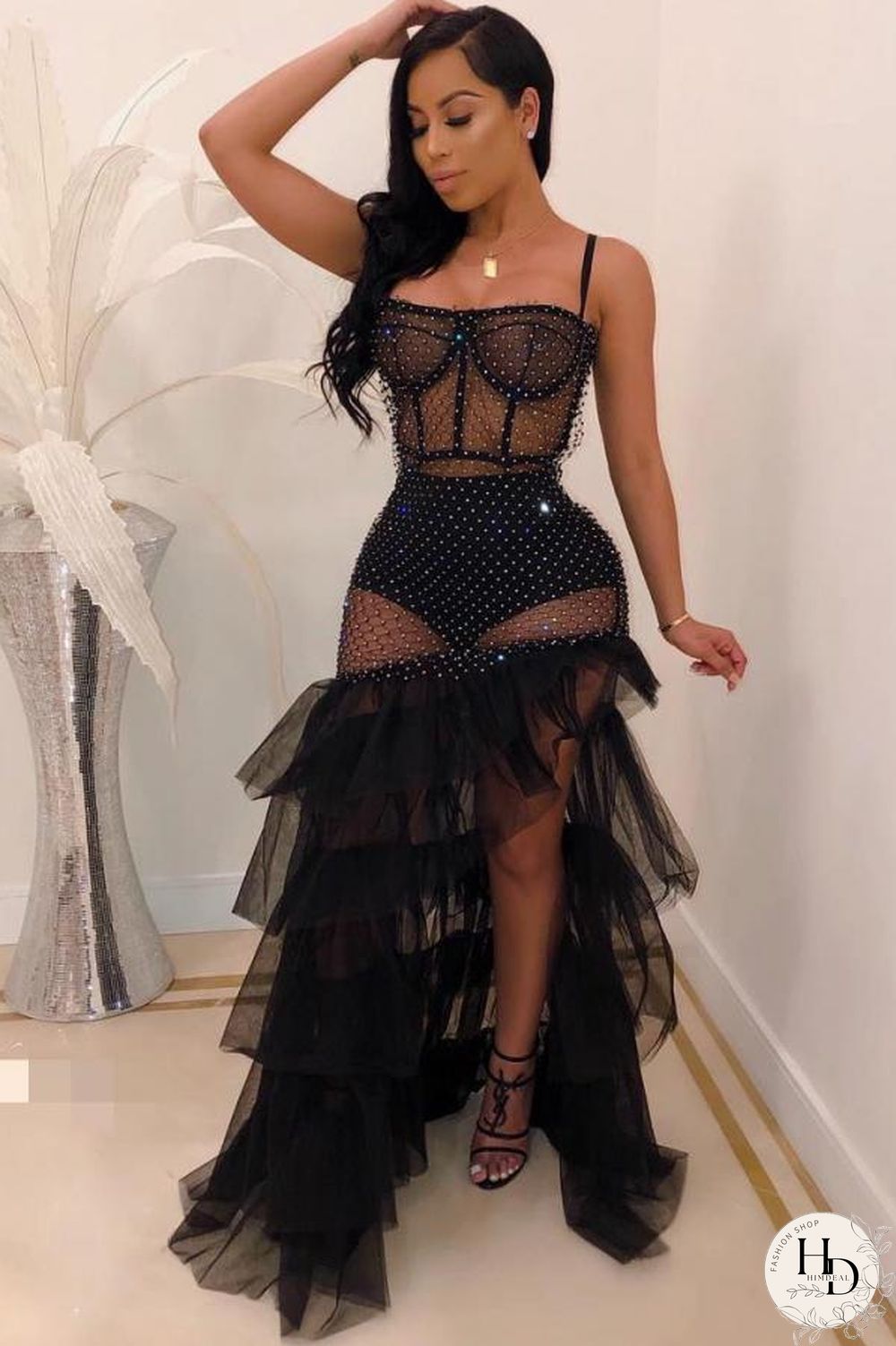 Black polyester fashion sexy spaghetti strap sleeveless slip ball gown floor-length