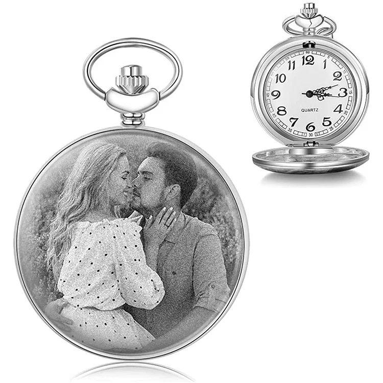 Personalized Photo Pocket Watch with Engraved Silver Watch Father's Day Gifts