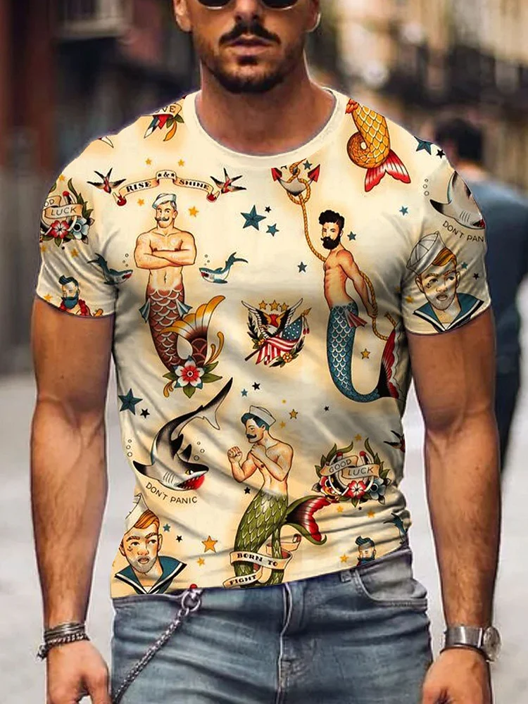 Men's Vintage Mermaid  Sailor Print  Short Sleeve T-shirt socialshop