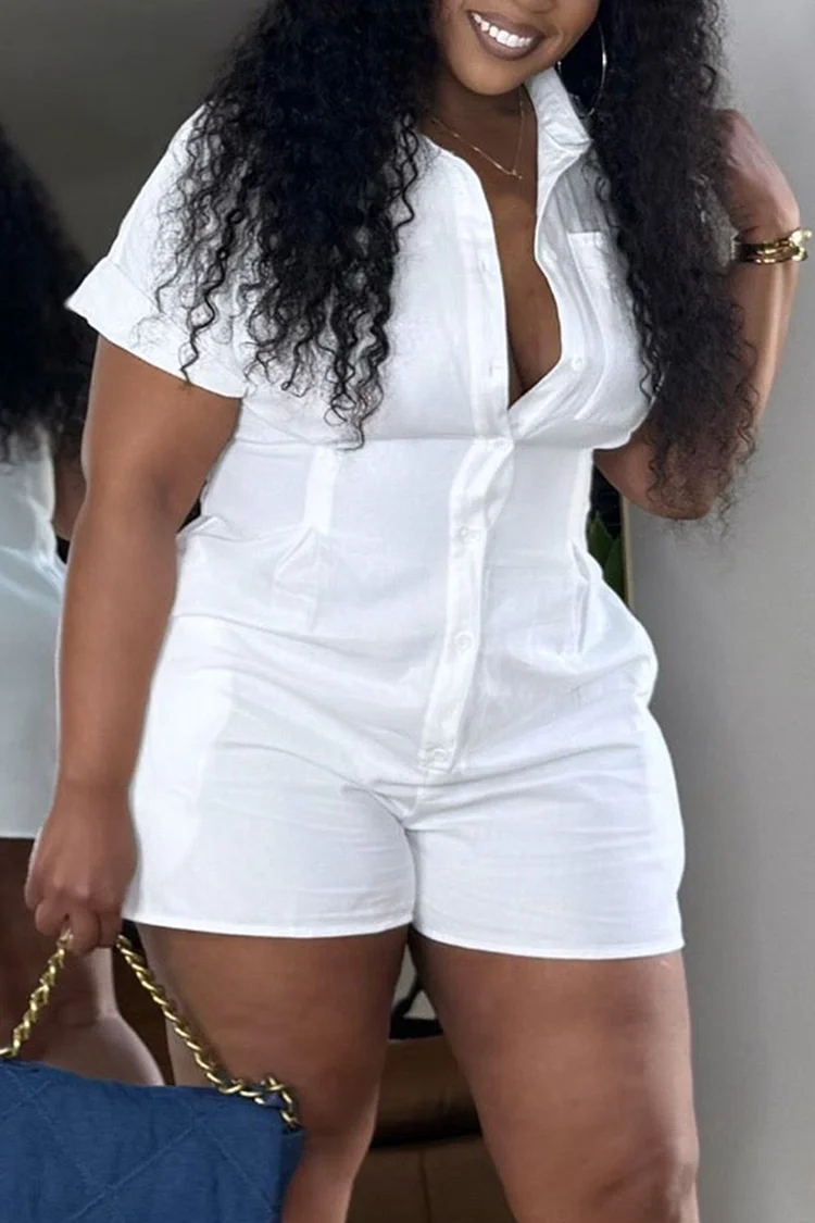 Plus Size Daily White Elegant Shirt Collar Short Sleeve Pocket Rompers [Pre-Order]