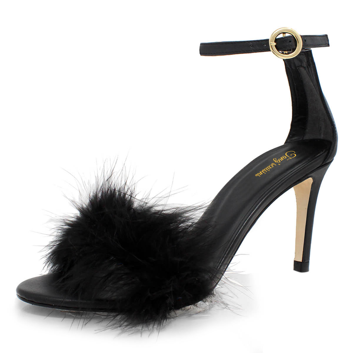 Black Open Toe Ankle Strap Women's Heel Sandals with Feathers Nicepairs