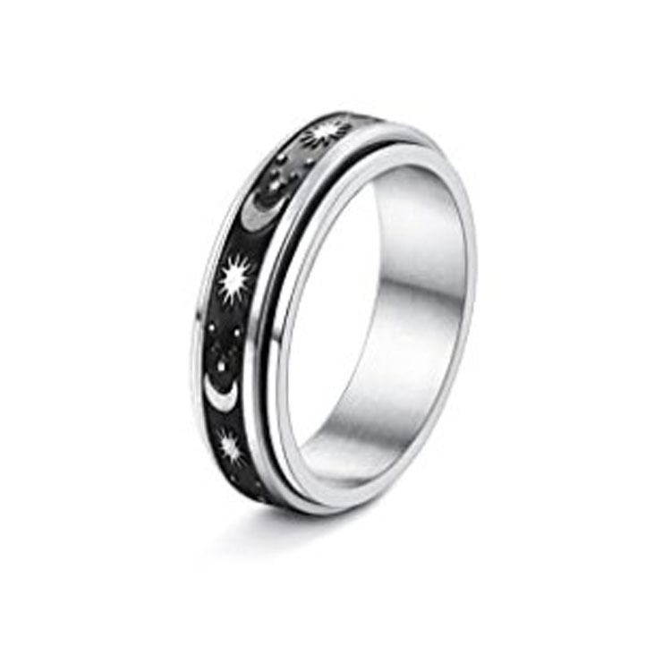 Mature Women & Men Stainless Steel Rotatable Spinner Ring Moon Stars Relieve Anxiety Rings
