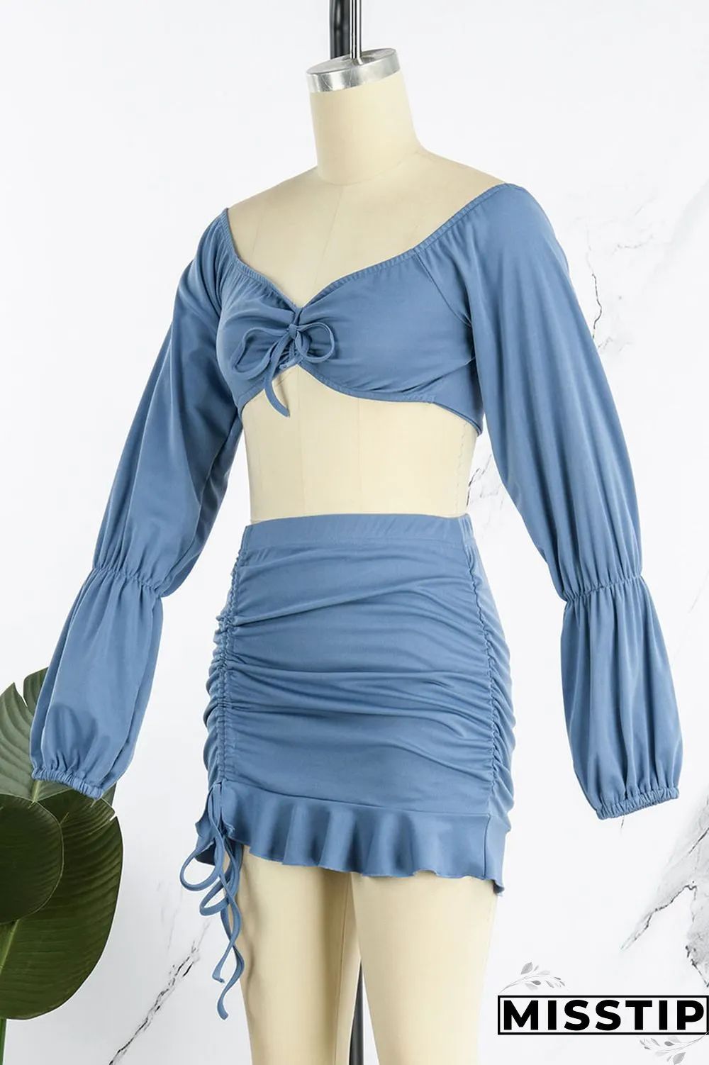 Blue Sexy Solid Drawstring Frenulum Stringy Selvedge Neck Long Sleeve Two Pieces