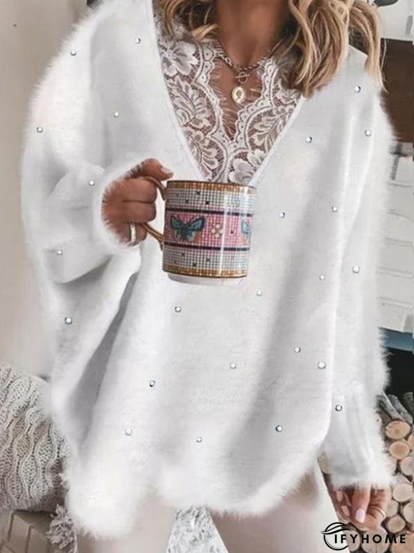Women's Sweaters Lace Stitching Beaded V-Neck Long Sleeve Sweater | IFYHOME