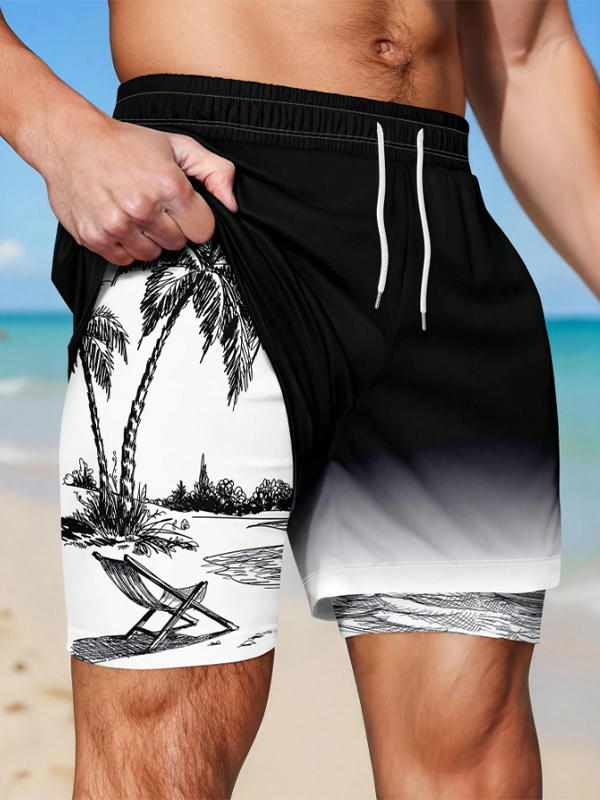 Men's Deckchair Coconut Tree Vacation Sketch Art Print Double-Deck Inner Pocket Casual Shorts