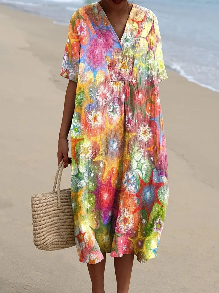 Women's Watercolor Colorful Star Element Print Pocket Linen Dress