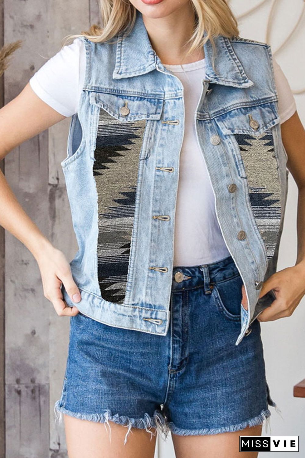 Aztec Print Patchwork Sleeveless Denim Jacket Wholesale