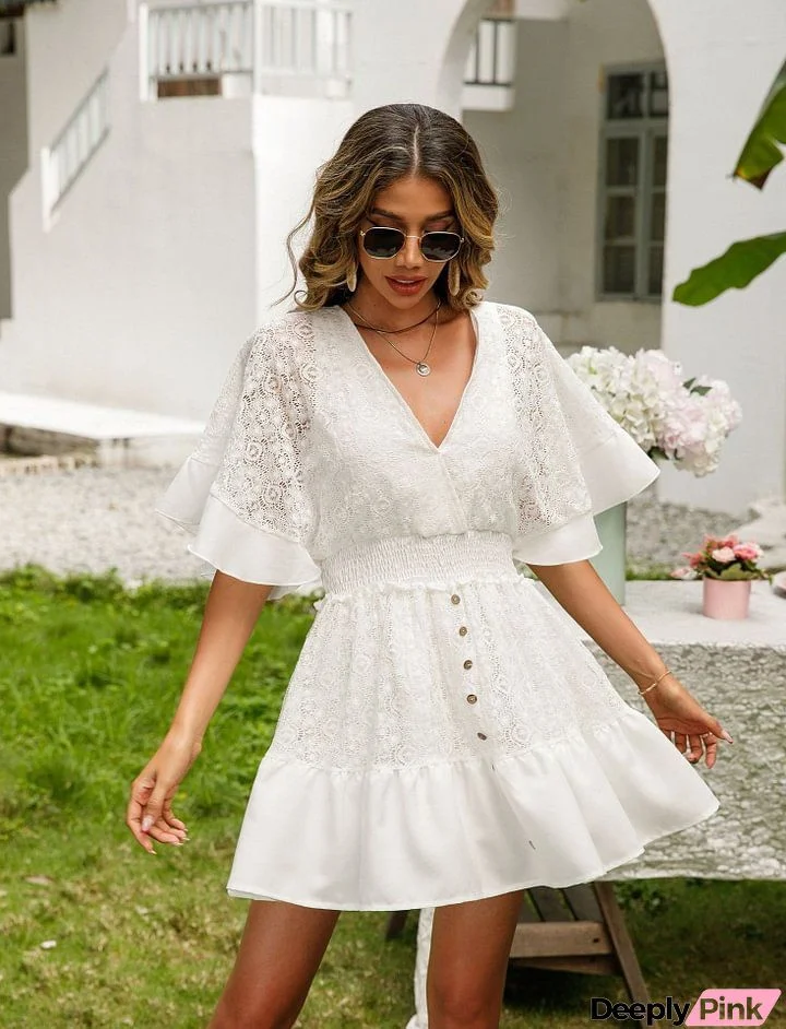 V Neck Lace Mini Dress