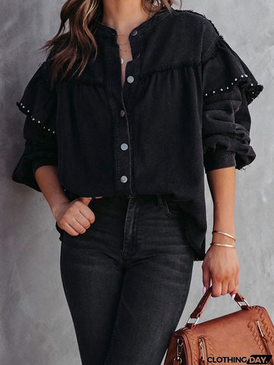 Button Down Raw Hem Denim Jacket