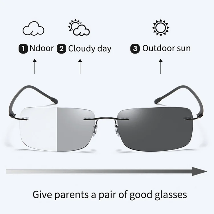 Frameless Photochromic Presbyopia Glasses Blue Light Resistant Reading Glasses Multifunctional Bifocal Sunglasses for Men