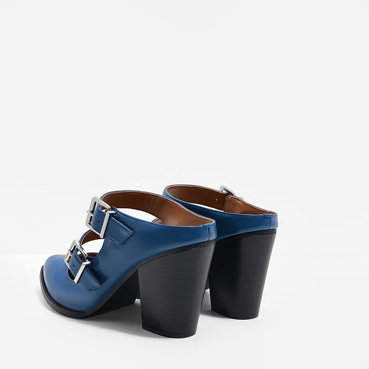 Blue Double Straps Buckles Block Heel Mule |FSJ Shoes