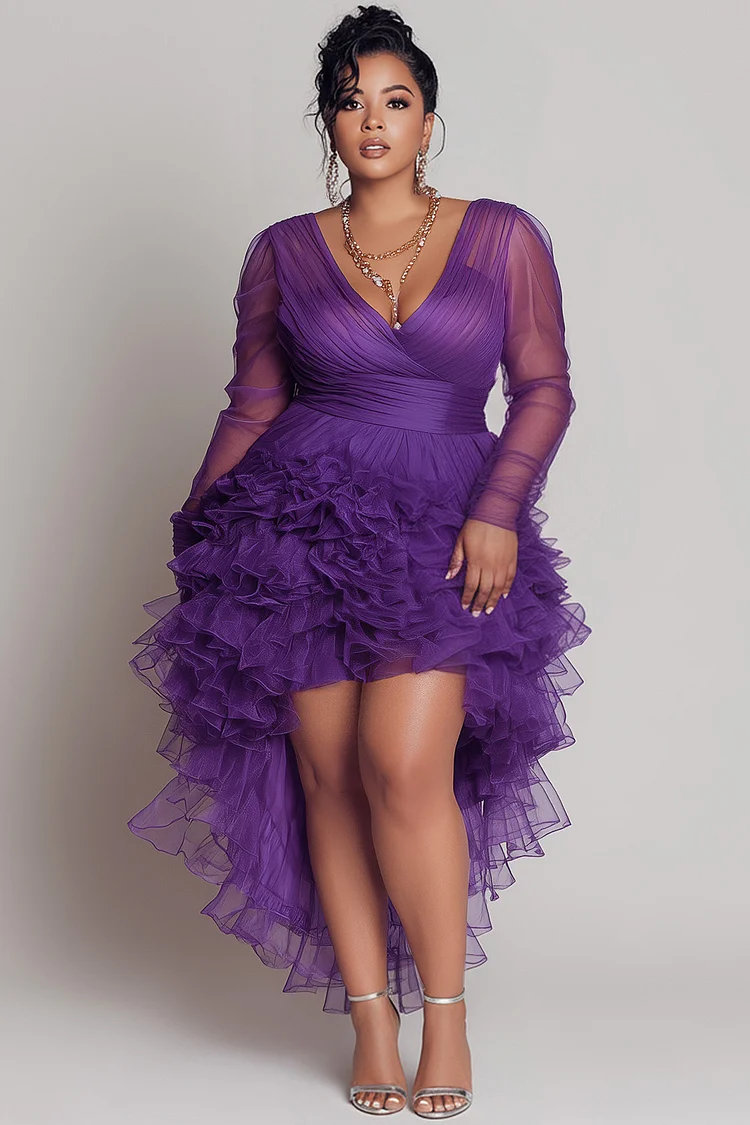 Xpluswear Design Plus Size Cocktail Party Purple V Neck Long Sleeve Ruffle High Low Hem Tulle Mini Dresses [Pre-Order] 2024 - Xpluswear