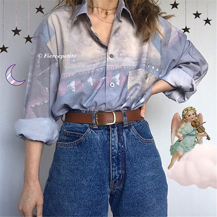 Vintage Print Blouse Single-breasted Turn Down Collar Elegant Lady Office Streetwear Plus Size Women Clothing Long Sleeve Tops