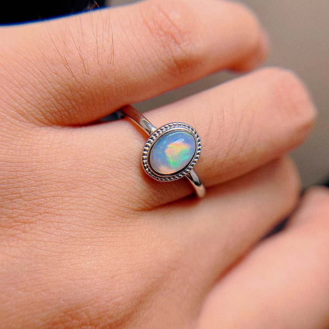 New European and American Simple Natural Opal Temperament Ring 925 Silver Inlaid Retro Palace Style Female Ring