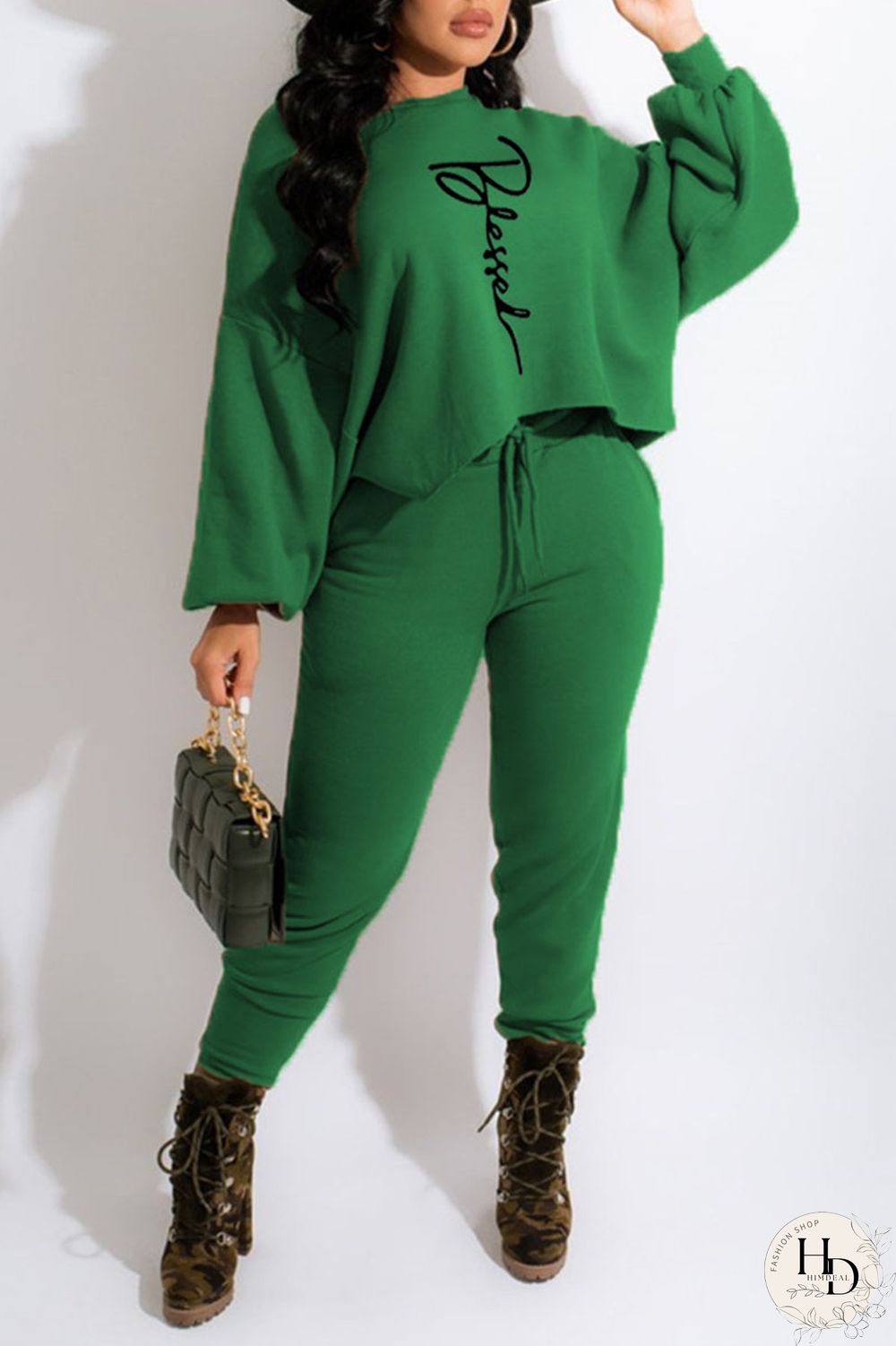 Green Casual Print Split Joint O Neck Long Sleeve Two Pieces