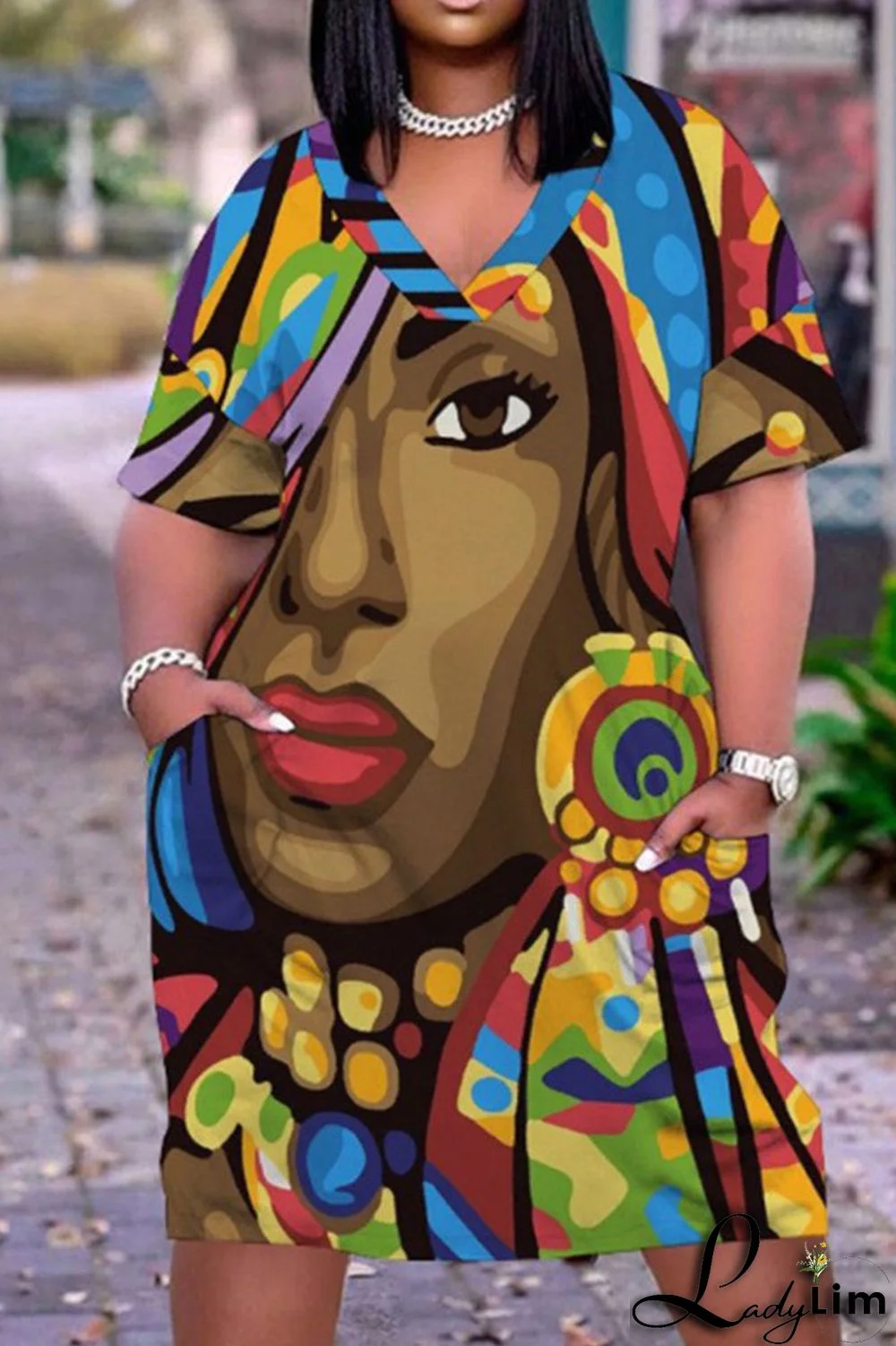 Beige Casual Street Print Patchwork V Neck Straight Dresses