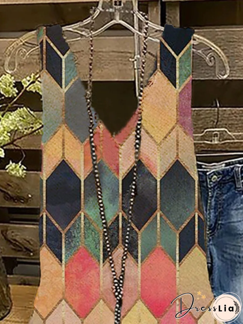 Vintage V Neck Printed Sleeveless Shirts & Tops