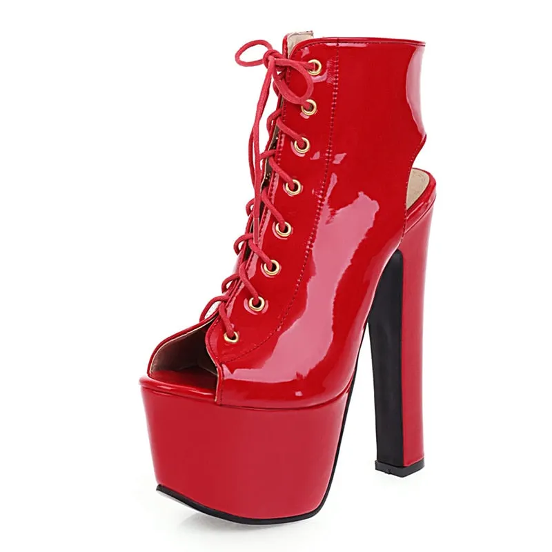 Gdgydh Open Toe Women Boots Fashion Super High Heels Shoes For Party Nightclub Patent Leather Fashion Slingback Platform Heels