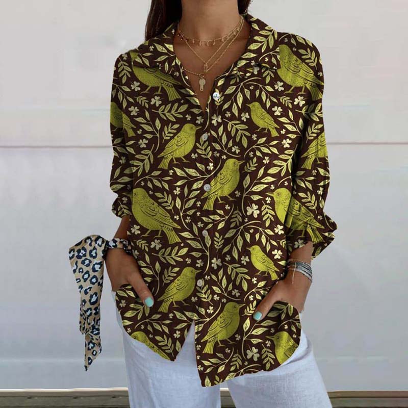 Comstylish Women's Vintage Floral Birds Art Print Casual Linen V-Neck Shirt