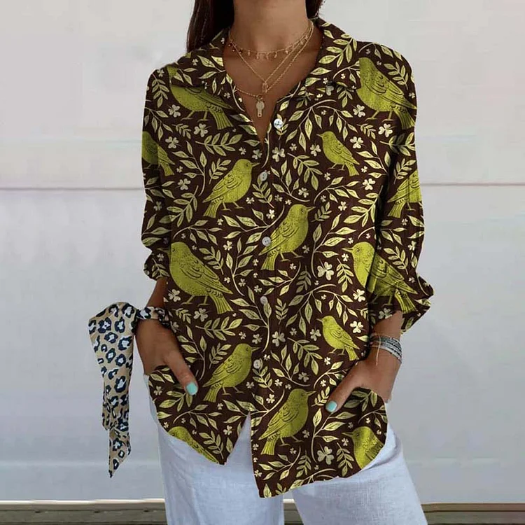 Women's Vintage Floral Birds Art Print Casual Linen V-Neck Shirt